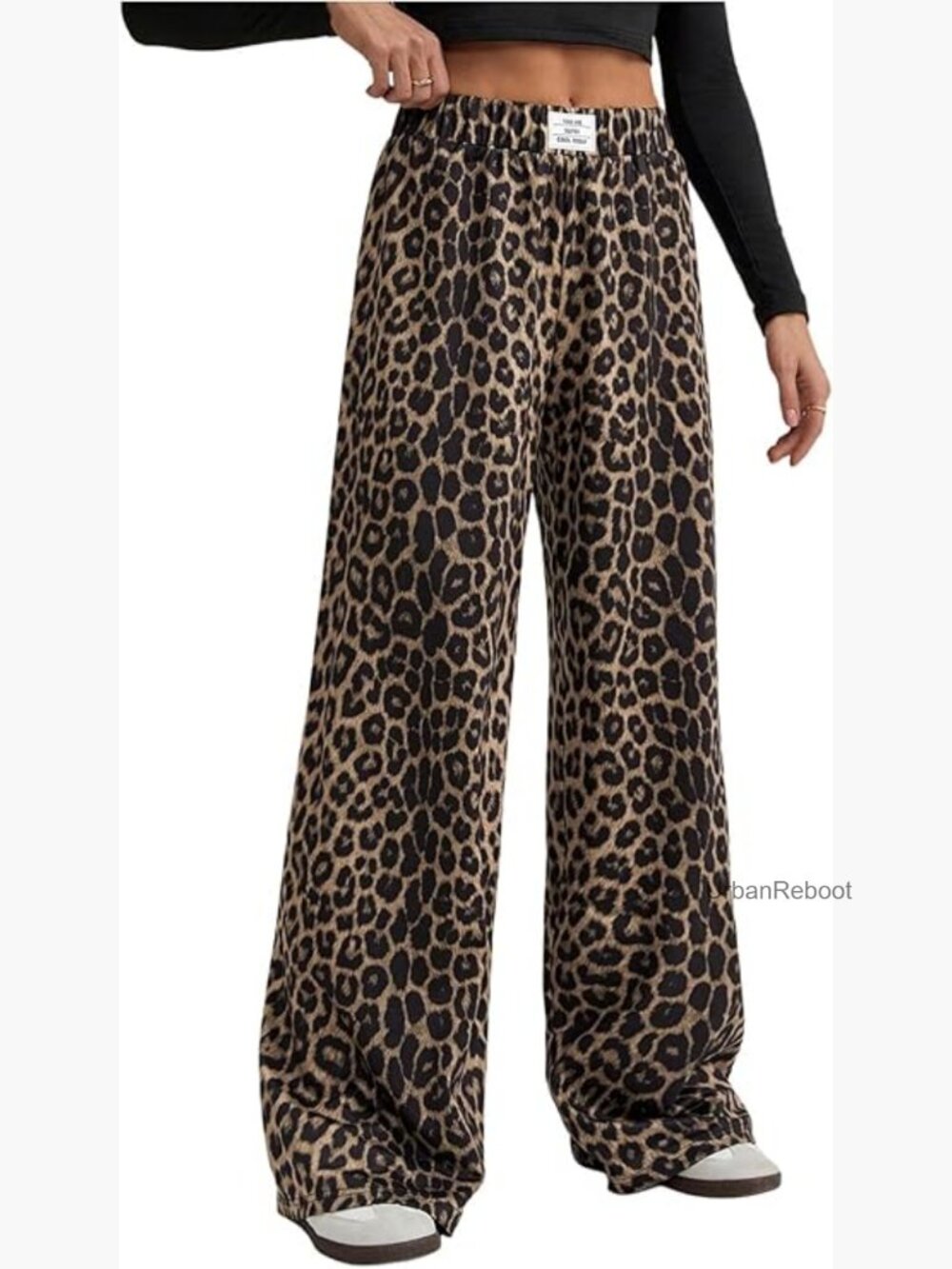 Wide Leg Leopard Print Pants Elastic Waist Casual Trousers